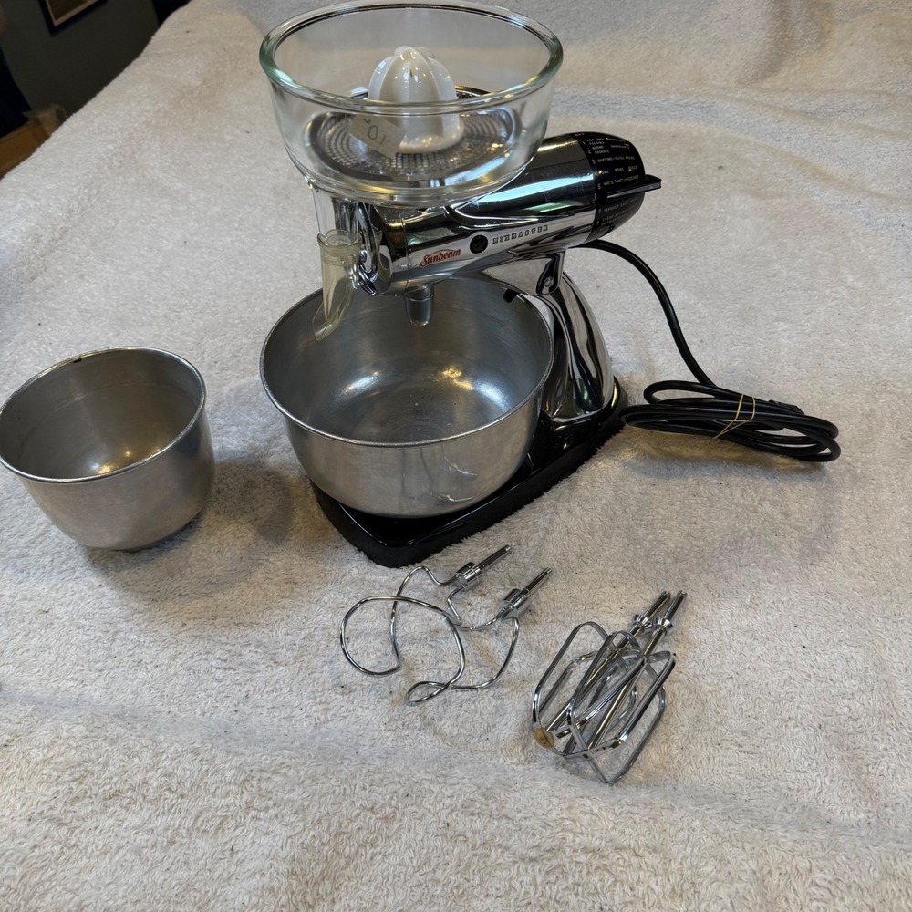 Vintage Sunbeam Mixmaster Chrome Stand Mixer with Juicer Attachment and Bowls